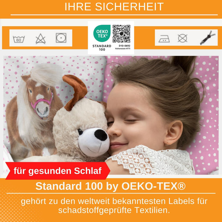 Aminata Kids Bettwäsche Mädchen 135X200 Pferd - Kinder-Bettwäsche Mit Pferde-Motiv Islandpony - Weiß Rosa - Reißverschluss Baumwolle Pony