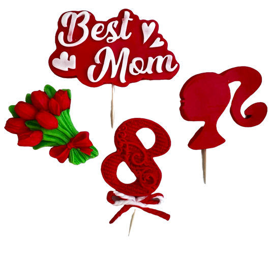 Set of 4 edible sugar paste decorations, Best Mom