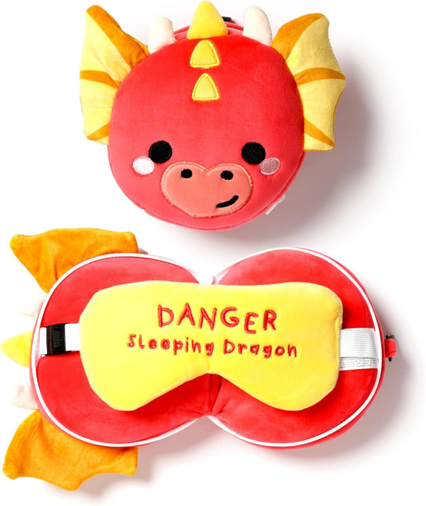 Puckator Relaxeazzz Adoramagics pernă de călătorie rotundă din pluș și mască de ochi cu motiv de dragon - mască de somn din pluș pentru avion - pernă de zbor pentru copii și adulți - mască de somn drăguță