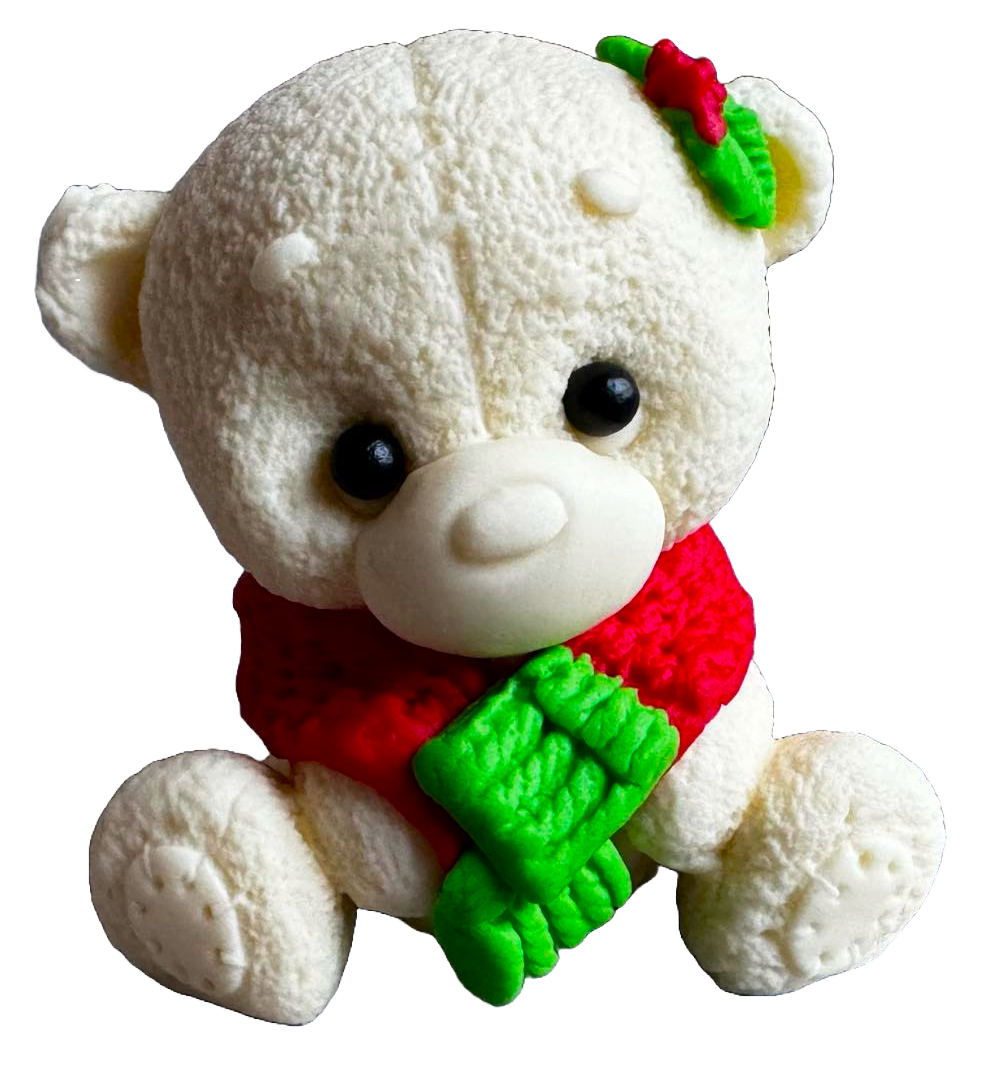 Edible sugar paste decoration, White teddy bear with green and red scarf