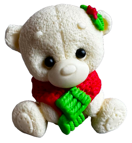 Edible sugar paste decoration, White teddy bear with green and red scarf