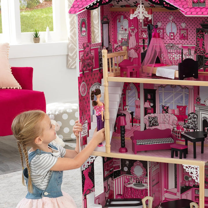 Casă de păpuși din lemn Kidkraft Amelia cu mobilier și accesorii, set de joacă cu balcon și lift pentru păpuși de 30 cm, jucărie pentru copii de la 3 ani, 65093
