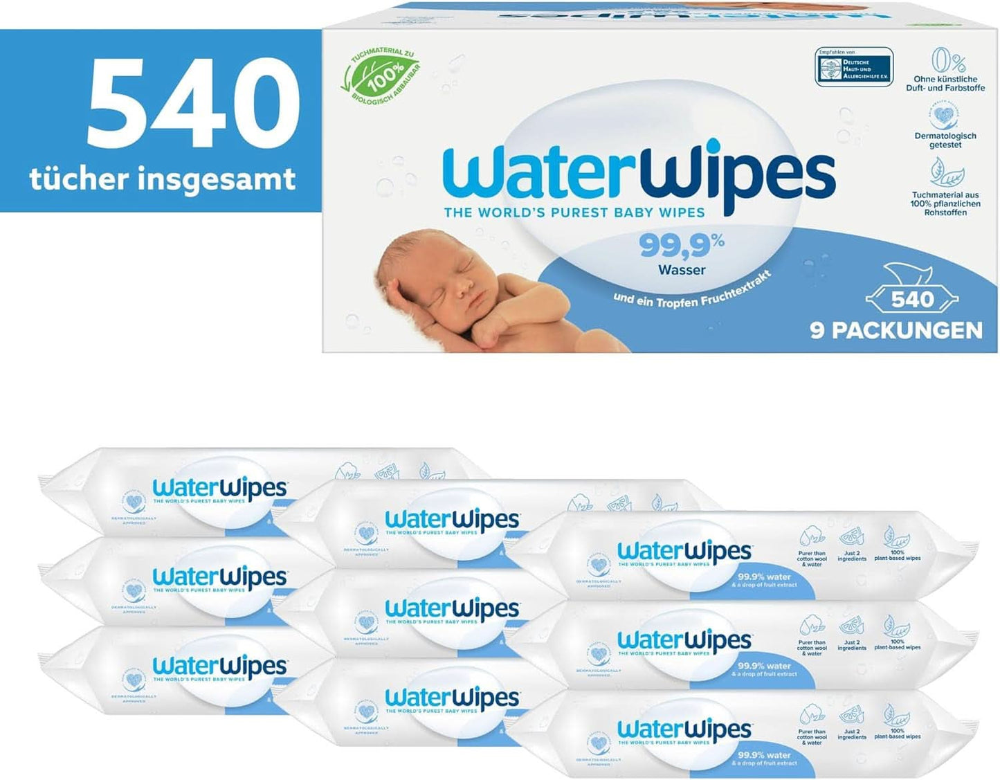 Waterwipes Plastikfreie, Originale Reinigungstücher Für Babys, 540 Stück (9 Packungen), 99,9 % Wasserbasierte Reingugnstücher, Unparfümiert Für Empfindliche Haut