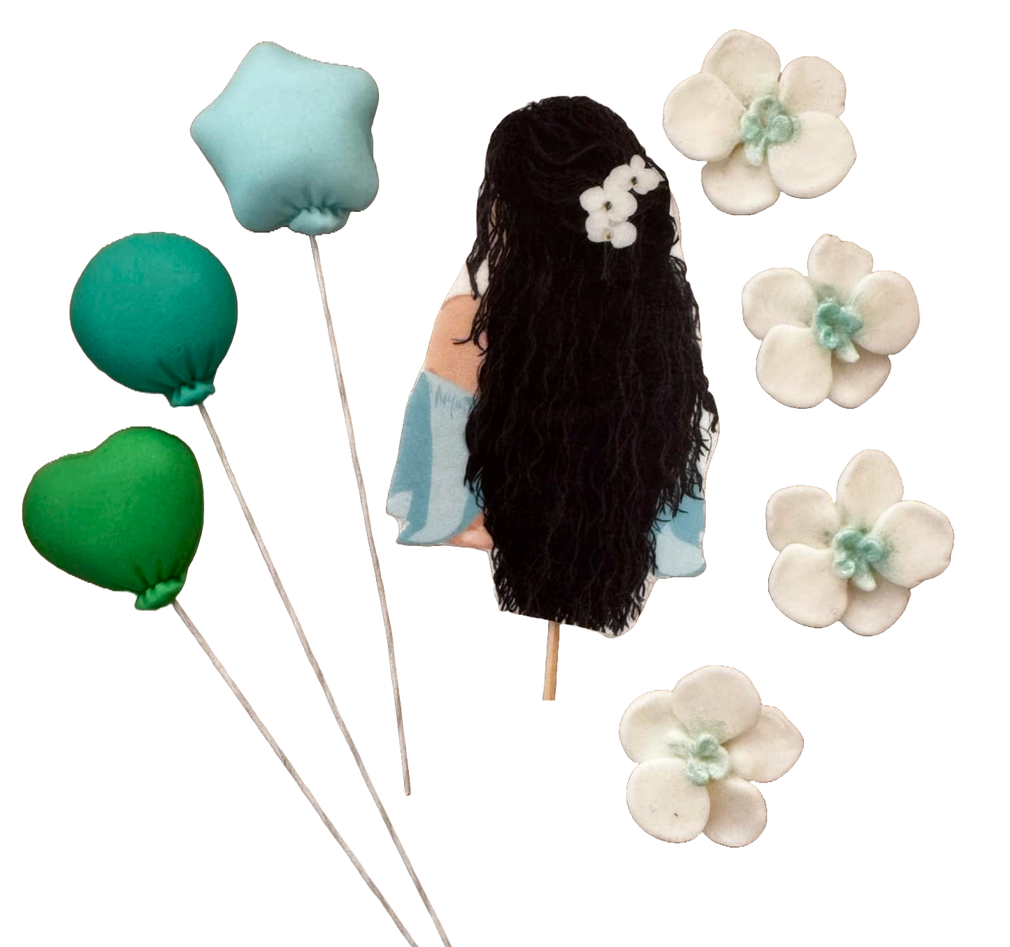 Set of 8 edible sugar paste decorations, Beautiful Lady, black hair