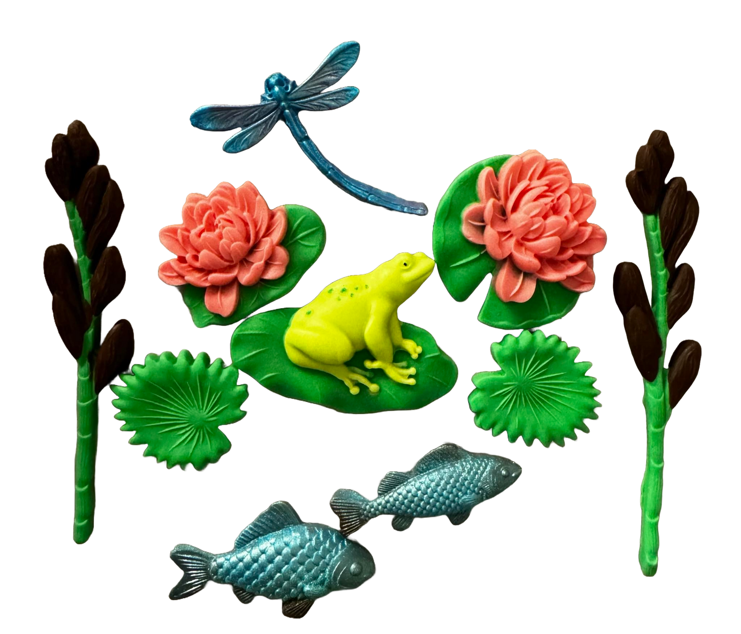 Set of 10 edible sugar paste decorations, Life on the Lake