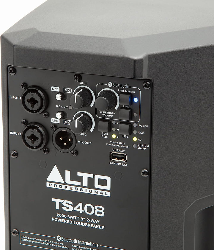Alto Professional TS408 - 2000W 8 inch Active Pa Speaker cu 3 canale Mixer, Bluetooth Streaming, Wireless Speaker Pairing, DSP și Alto App