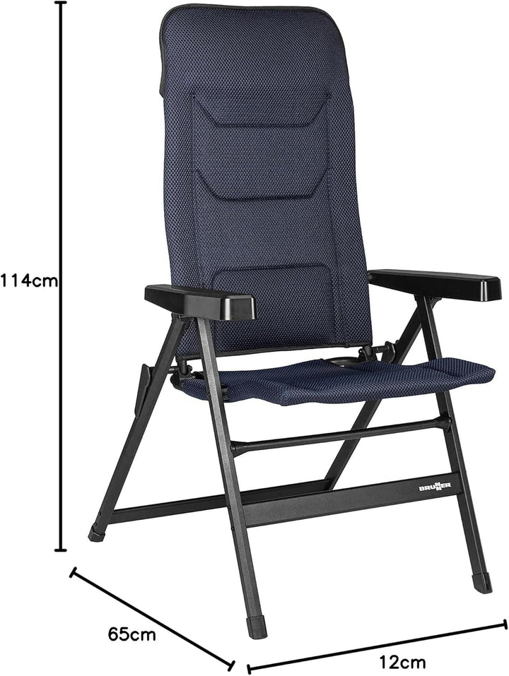 BRUNNER Rebel PRO (S-M-L) Scaun pliabil pentru camping, grădină, terasă Fabricat din aluminiu, reglabil în 5 poziții, cu capacitate de încărcare de până la 150 kg, spătar înalt, negru sau albastru