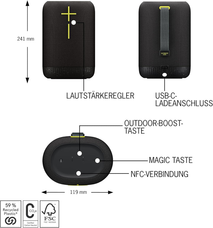 Ultimate Ears EPICBOOM, Difuzor Bluetooth mobil fără fir, bas bogat, sunet imersiv la 360 de grade, EQ adaptiv, impermeabil IP67, plutitor, baterie de 17 ore, rază de acțiune 55 M, Usb-C, negru
