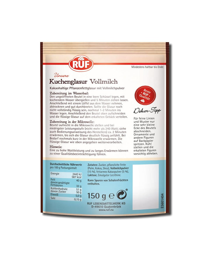 RUF Kuchen-Glasur Vollmilch-Schokolade, Fettglasur Im 150 G Beutel, Mikrowellengeeignet, Zum Glasieren Von Kuchen, Torten, Gebäck & Muffins, 1 X 150 G