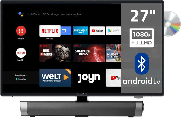 Reflexion_Tv Lddw27Isb+ | Dvd-Player | Smart-Tv | 27 Zoll | Für Wohnmobile Und Wohnwagen | 12V Kfz-Adapter | Mit Soundbar | Full-Hd Auflösung | HDMI, WLAN, Bluetooth | Erschütterungsfest, Schwarz