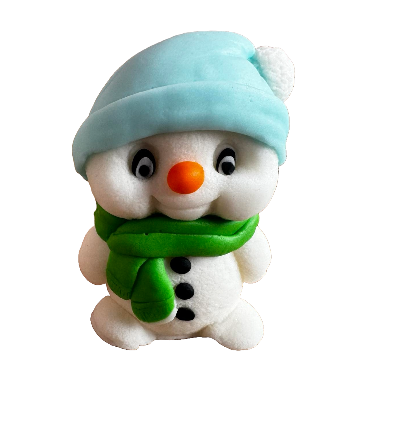 Décoration comestible en pâte à sucre, Bonhomme de neige avec écharpe verte et bonnet bleu