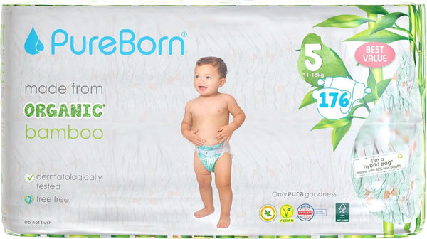 Pureborn Eco Bio-Bambus Windeln, Größe 5 (11-18 Kg), 176 Stück (2 X 88), Umweltfreundlich, Hypoallergen, Ultraweich, Mit Nässeindikator, Diverser Aufdruck
