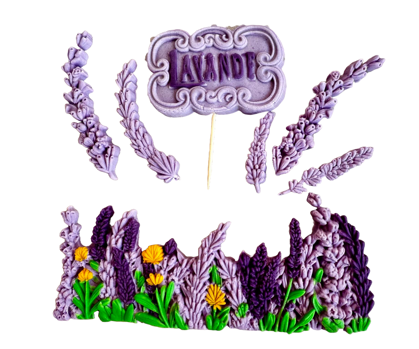 Set of 7 edible sugar paste decorations, Lavender