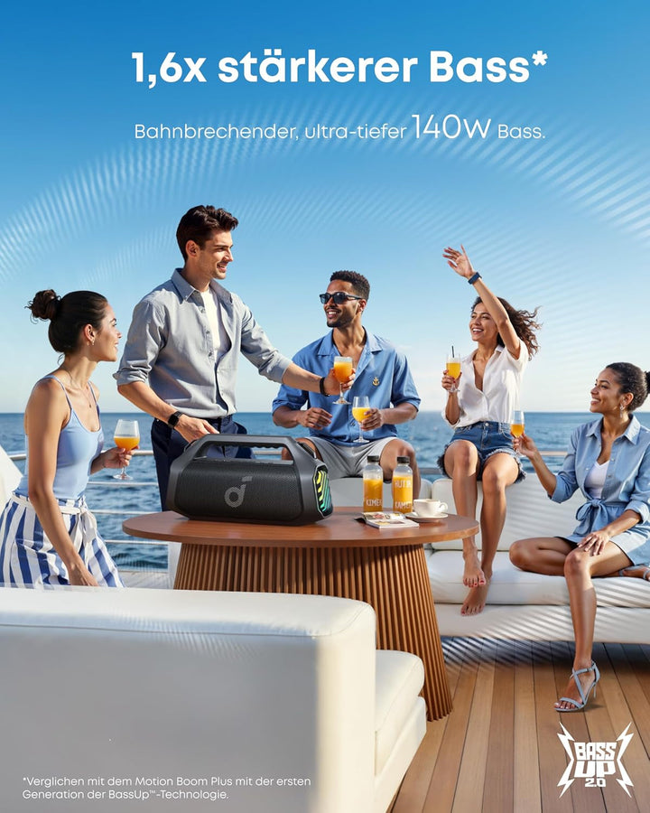 Boxă de exterior Soundcore Boom 2 Pro, 140 W, 2+2 canale, Bassup 2.0, 20 H, încărcare rapidă, IP68 rezistent la praf și apă, lumini RGB, USB-C, power bank, BT 5.3, boxă Bluetooth portabilă