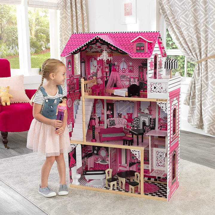 Casă de păpuși din lemn Kidkraft Amelia cu mobilier și accesorii, set de joacă cu balcon și lift pentru păpuși de 30 cm, jucărie pentru copii de la 3 ani, 65093