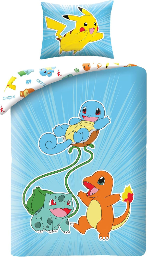 Bettwäsche Pokemon 135X200 + 80X80 · Pokémon Pikachu, Glumanda, Schiggy & Bisasam · Kinderbettwäsche Set 2-Teilig Bettbezug + Kissenbezug · Deutsche Größe · Microfaser