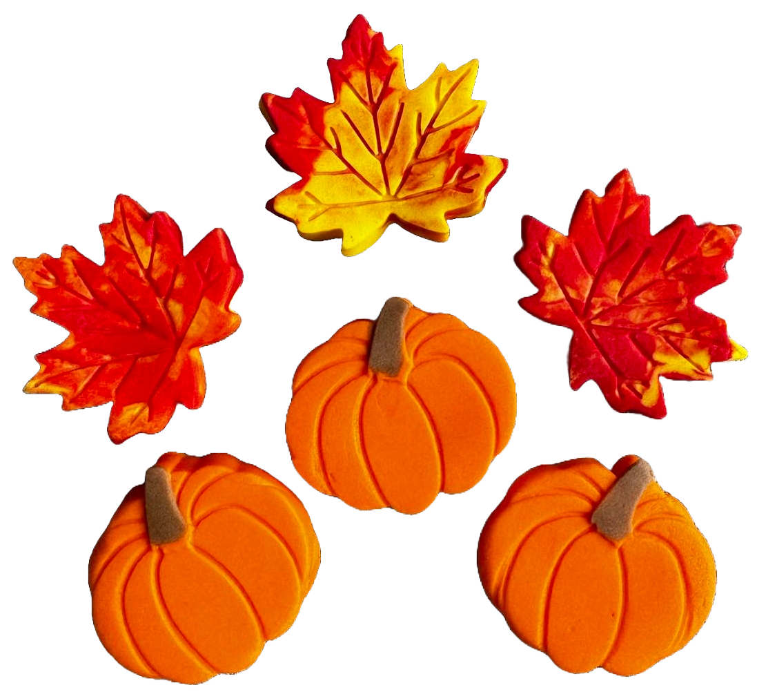 Set of 6 edible sugar paste decorations, Autumn, pumpkins and leaves