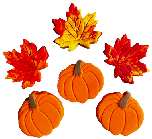 Lot de 6 décorations comestibles en pâte à sucre, Automne, citrouilles et feuilles