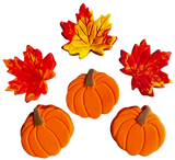 Set of 6 edible sugar paste decorations, Autumn, pumpkins and leaves