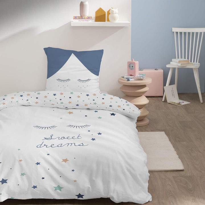 Sterne Mädchen-Bettwäsche Set · Kinderbettwäsche Sweet Dreams · Wende Motiv Wimpern · 2 Teilig - Kissenbezug 80X80 + Bettbezug 135X200 Cm