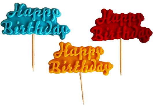 Set of 3 edible sugar paste decorations, Happy Birthday