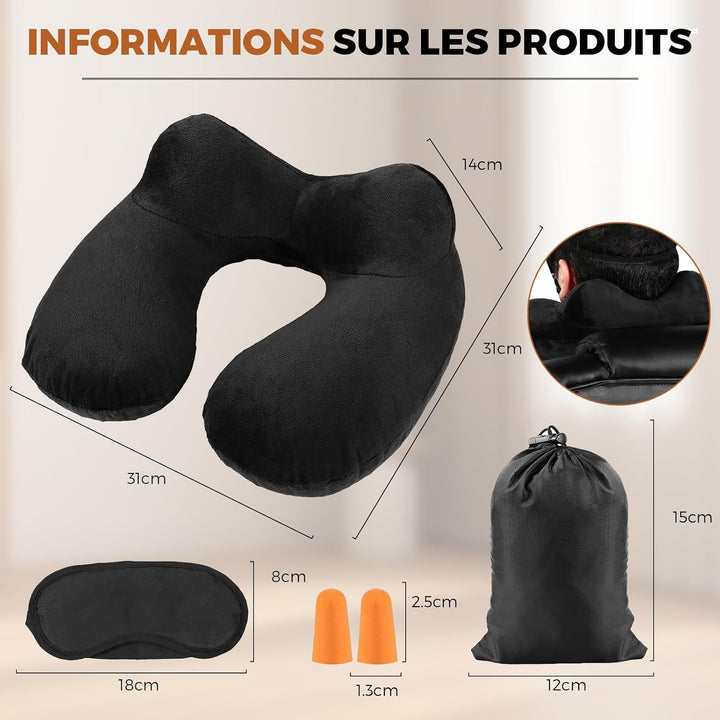 Pernă de călătorie gonflabilă, pernă de călătorie cu mască de somn + dopuri pentru urechi + sac de transport, super ușor și portabil, ideal pentru avion, mașină, casă, birou, negru