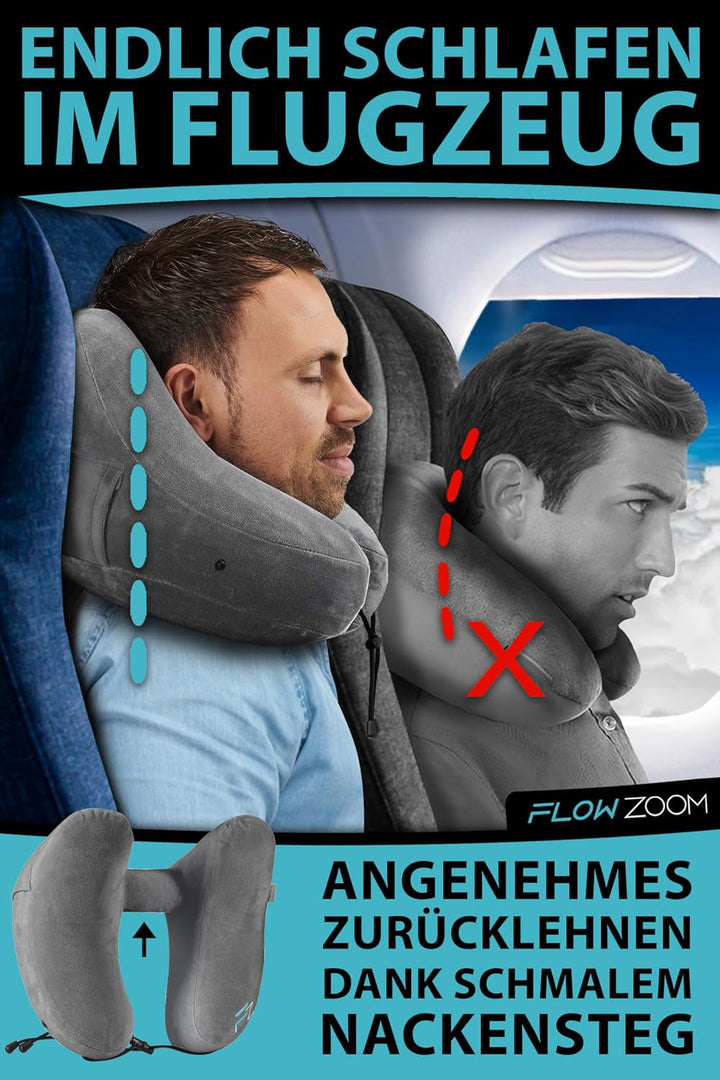 Perna de gât FLOWZOOM AIR gonflabilă cu glugă - pernă de gât pentru avion - pernă de călătorie - pernă de gât gonflabilă rapid pentru călătorie - pernă de avion - pernă de călătorie - pernă de gât pentru adulți (gri)