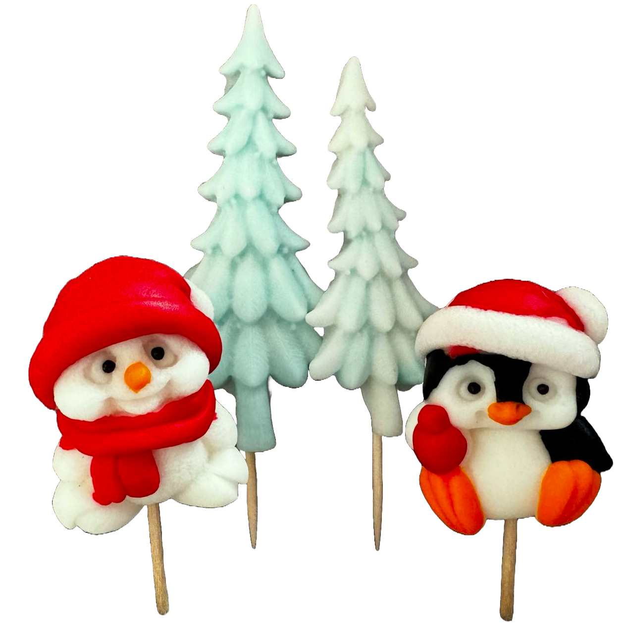 Lot de 4 décorations comestibles en pâte à sucre, Noël, pingouin, ours et sapin de Noël