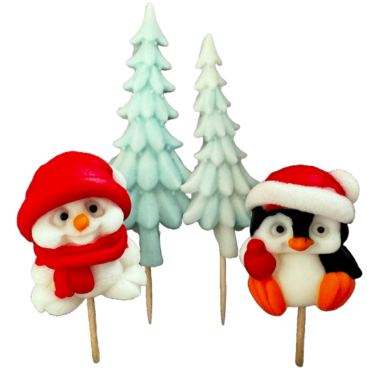 Set of 4 edible sugar paste decorations, Christmas, penguin, teddy bear and fir trees