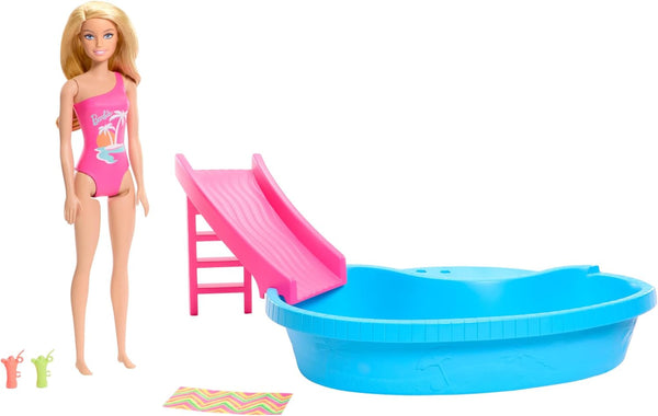 Păpușă Barbie și accesorii - piscină cu tobogan și accesorii pentru ore de distracție la soare, costum de baie roz cu design tropical, pentru copii de la 3 ani, HRJ74