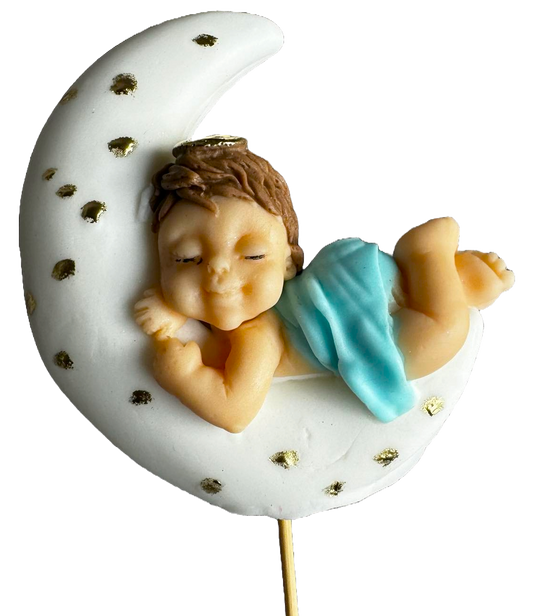 Edible sugar paste decoration, Baptism, little boy sleeping on the Moon