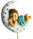 Edible sugar paste decoration, Baptism, little boy sleeping on the Moon