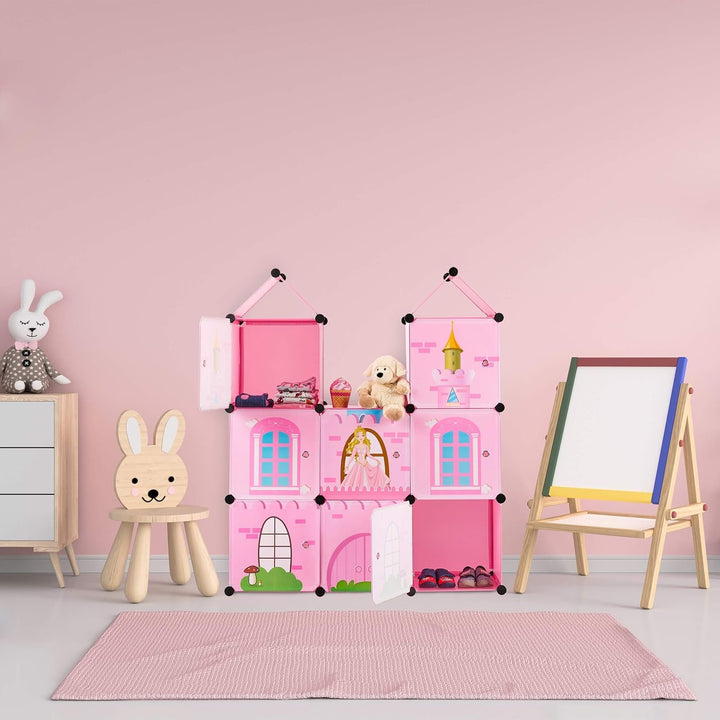 Relaxdays Raft pentru camera copiilor, castelul prințesei, plastic, dulap DIY cu uși, HBT: 128 X 110 X 37 Cm, roz
