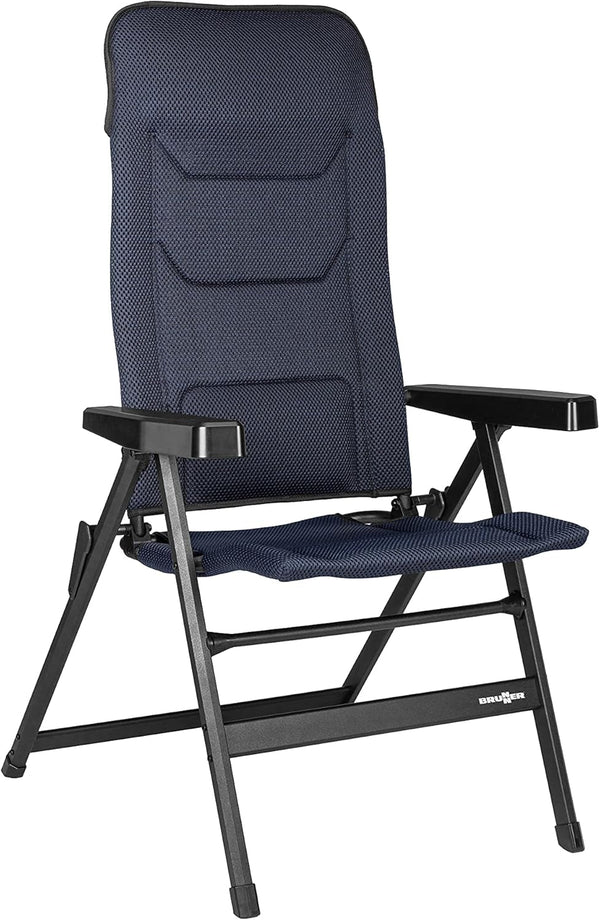 BRUNNER Rebel PRO (S-M-L) Scaun pliabil pentru camping, grădină, terasă Fabricat din aluminiu, reglabil în 5 poziții, cu capacitate de încărcare de până la 150 kg, spătar înalt, negru sau albastru