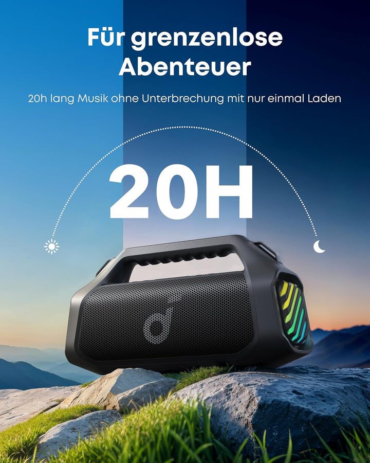 Boxă de exterior Soundcore Boom 2 Pro, 140 W, 2+2 canale, Bassup 2.0, 20 H, încărcare rapidă, IP68 rezistent la praf și apă, lumini RGB, USB-C, power bank, BT 5.3, boxă Bluetooth portabilă