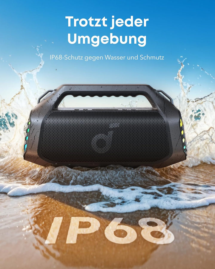 Boxă de exterior Soundcore Boom 2 Pro, 140 W, 2+2 canale, Bassup 2.0, 20 H, încărcare rapidă, IP68 rezistent la praf și apă, lumini RGB, USB-C, power bank, BT 5.3, boxă Bluetooth portabilă