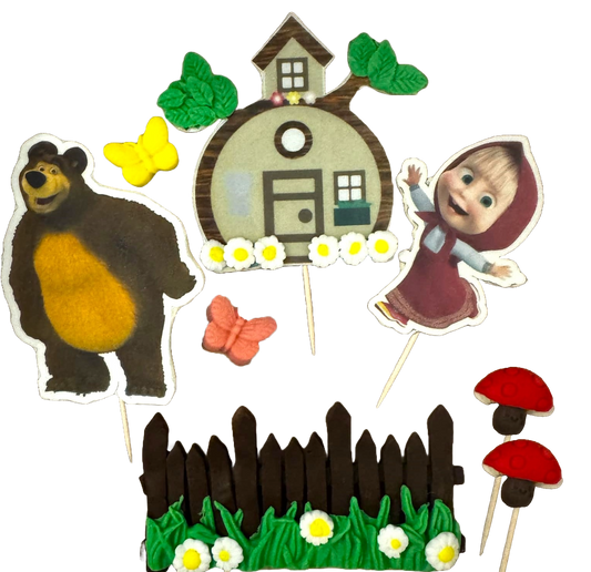 Set of 8 edible sugar paste decorations, Masha and the Bear