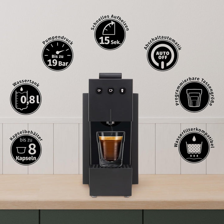 Aparat de capsule K-Fee SQUARE pentru cafea, ceai și cacao | Aparat de cafea compact | Încălzire rapidă | Rezervor de apă de 0,8 litri | 19 bar | Piano Black