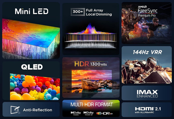 TCL 50QM8B Fernseher Miniled 50 Zoll, QLED, 144Hz, 4K HDR Premium 1250Nits, Google TV, Dolby Atmos, Onkyo, Game Master Pro 2.0