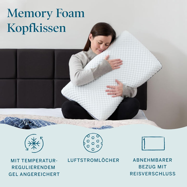 LUCID Gel Memory Foam Pillow 40X60 Cm - Respirabil - efect de răcire - capac lavabil - pernă Oeko-Tex, alb