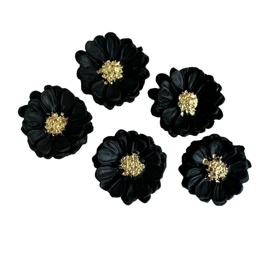 Set of 5 edible sugar paste decorations, Black-gold flowers