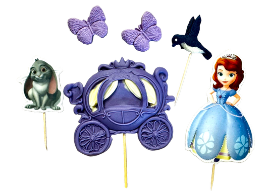 Set of 6 edible sugar paste decorations, Princess Sofia