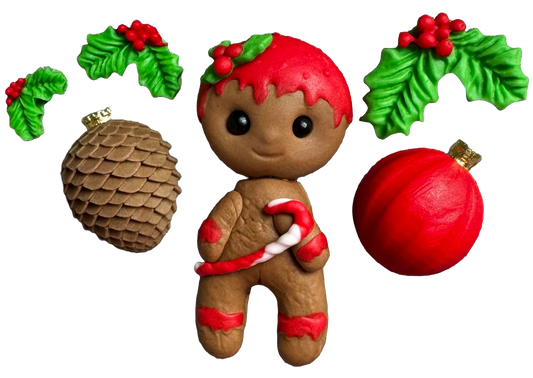 Set of 6 edible sugar paste decorations, Christmas, gingerbread man and decorations