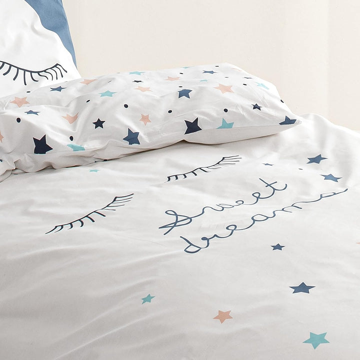 Sterne Mädchen-Bettwäsche Set · Kinderbettwäsche Sweet Dreams · Wende Motiv Wimpern · 2 Teilig - Kissenbezug 80X80 + Bettbezug 135X200 Cm