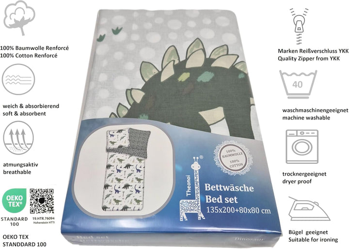 Theonoi Set 2 Teilig Kinder Bettwäsche Bettbezug Wendebettwäsche 135X200 80X80 Baumwolle Kinderbettwäsche Öko-Tex Deutsche Standardgröße (Dino Dinosaurier)