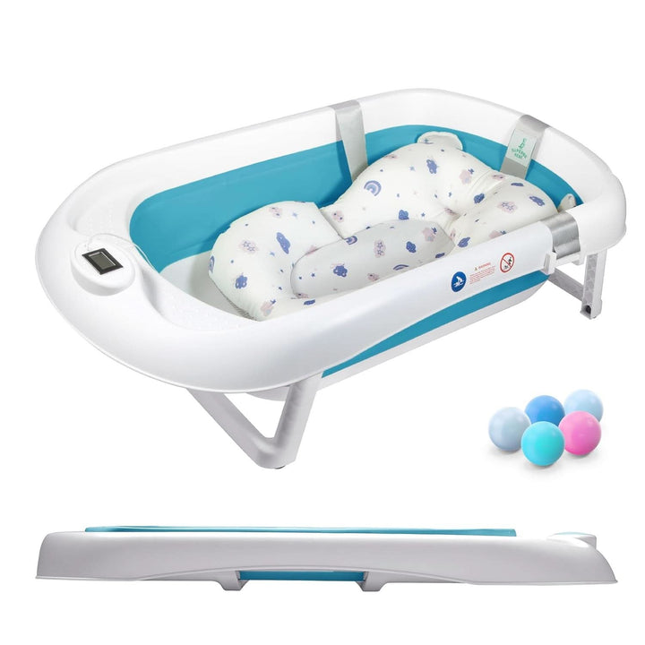 Faltbare Babybadewanne Mit Badekissen Und Integriertem Thermometer - Kinderbadewanne Mit Kostenlosem Badewannenhalter - Ideal Als Geburtsgeschenk Für Mädchen Oder Jungen - Von Geburt an Baby-Badewanne