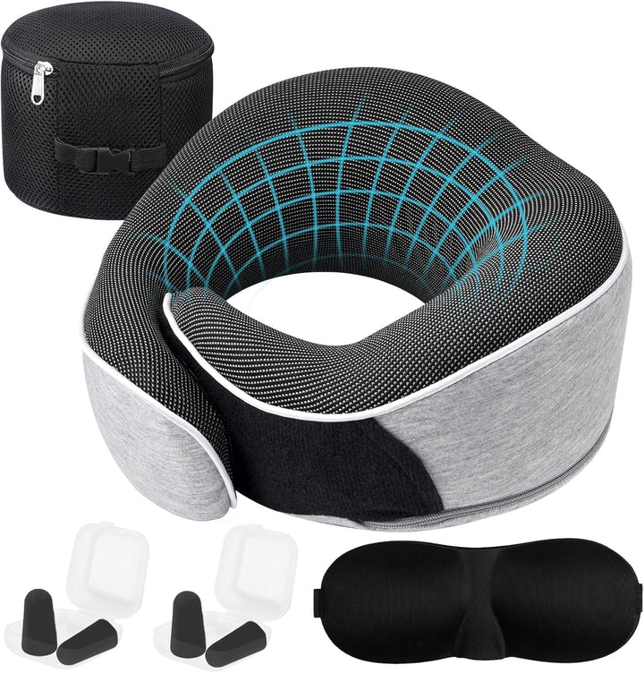 Pernă pentru gât, pernă de călătorie din spumă de memorie, pernă pentru gât din spumă de memorie, design ergonomic, cu mască pentru ochi, 2 dopuri de urechi și pungă de depozitare, perfectă pentru a dormi pe drum atunci când călătoriți
