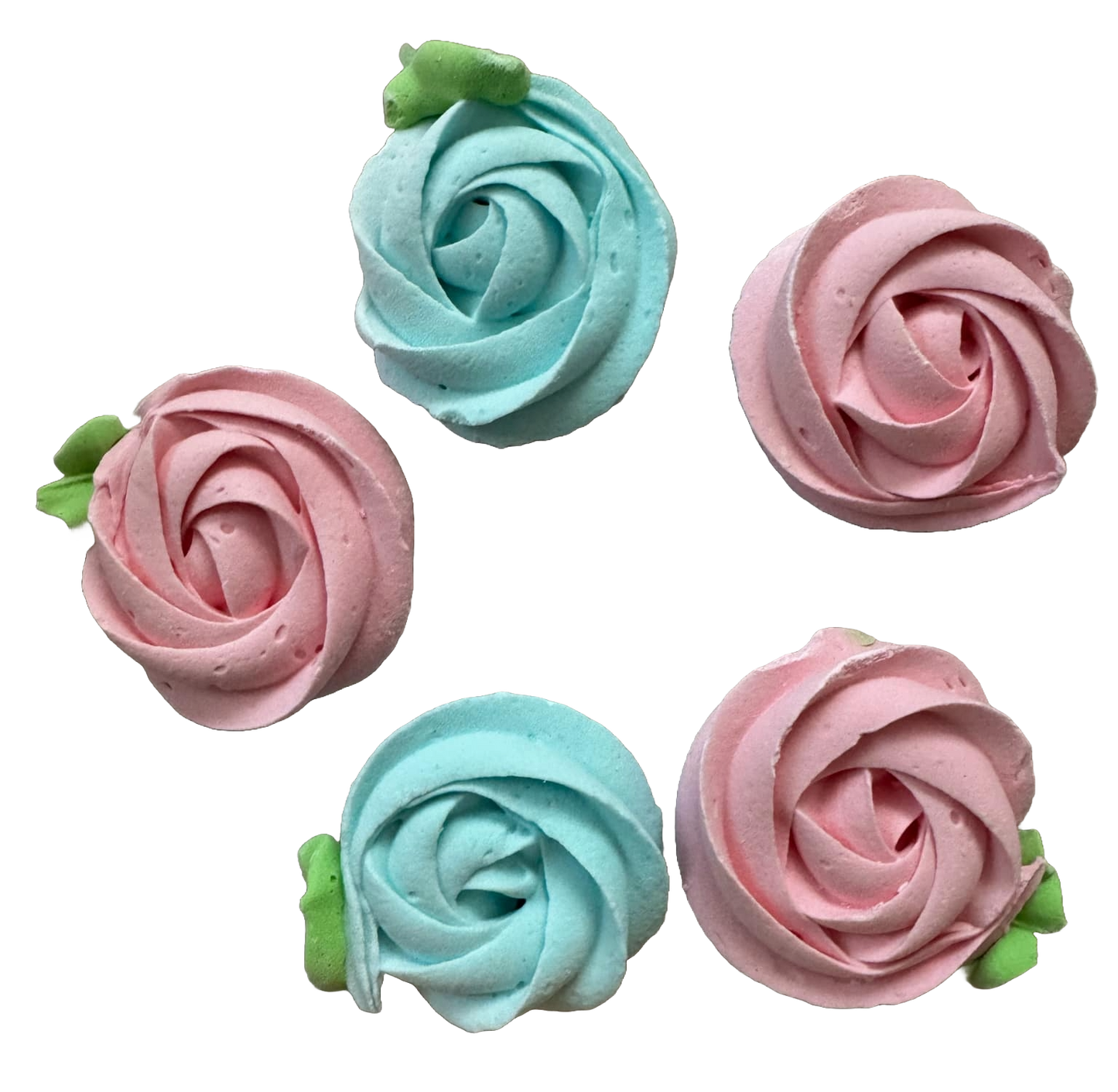 Set of 5 edible meringue decorations, Pink and blue flowers