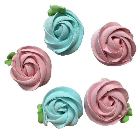 Lot de 5 décorations comestibles en meringue, fleurs roses et bleues