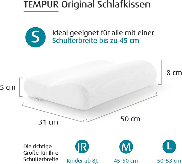 TEMPUR Original Sleeping Pillow Memory Foam, Pernă ergonomică de susținere a gâtului pentru cei care dorm lateral și pe spate, Fermă, M (50 X 31 X 10/7 Cm), Alb